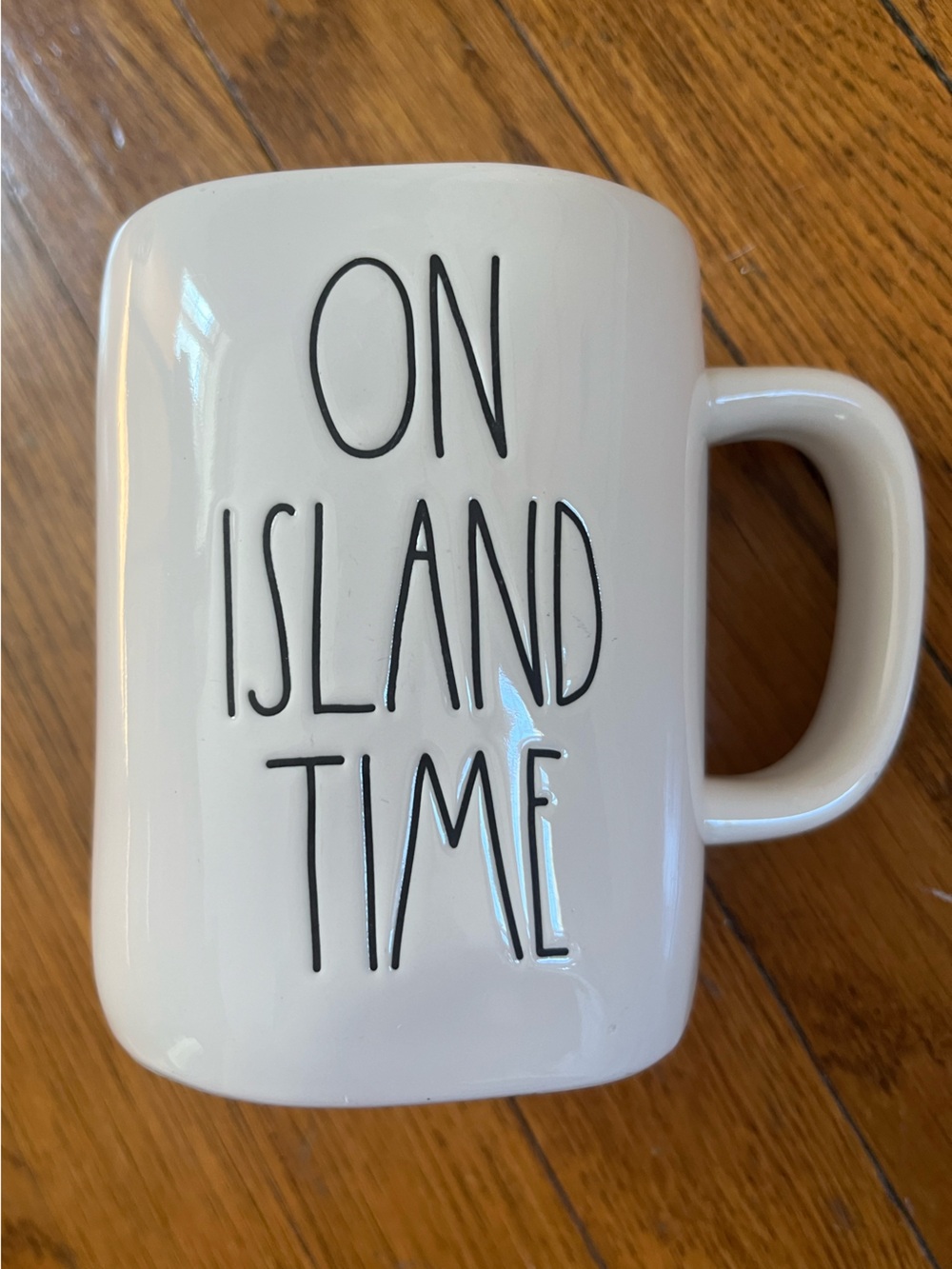 Rae Dunn ON ISLAND TIME Mug Artisan Collection White Teal Interior Coffee